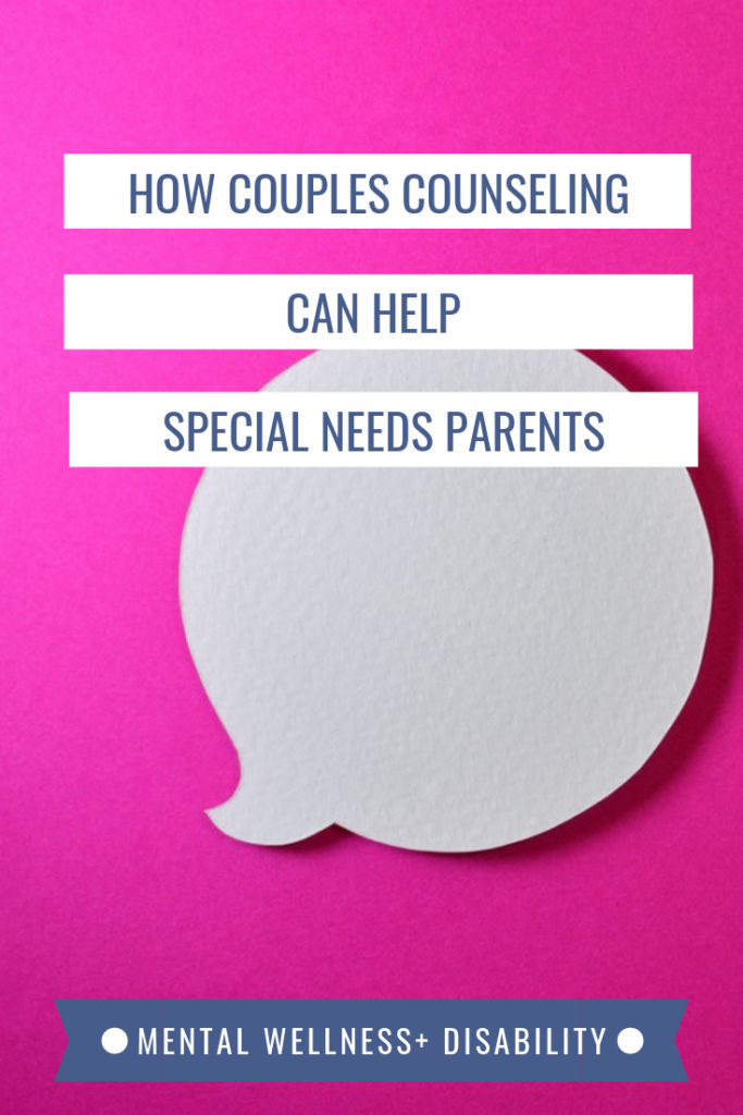 Image of a white talk bubble on a pink background captioned with "How couples counseling can help special needs parents"