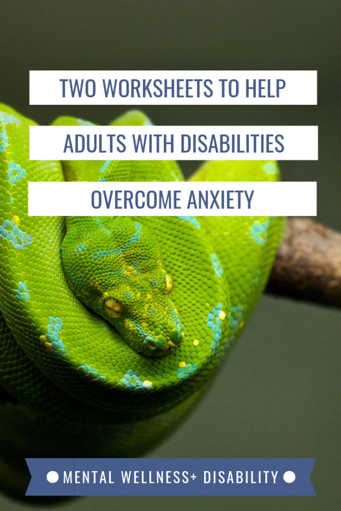 Picture of a green snake coiled around a tree branch captioned with "Two worksheets to help adults with disabilities overcome anxiety"