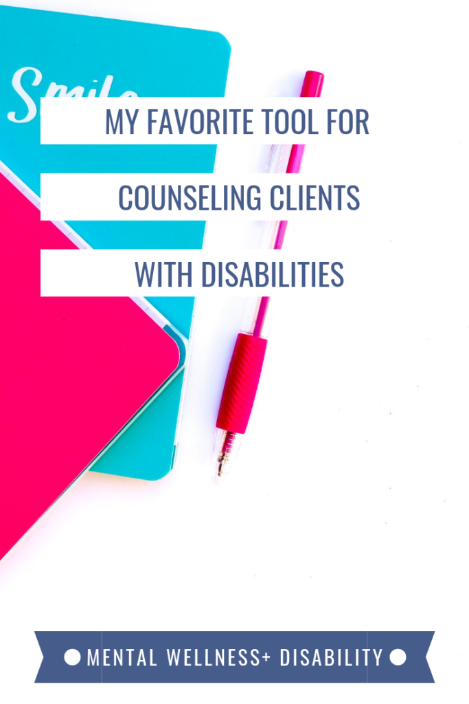 Image of two notebooks and a pen captioned with "My favorite tool for counseling clients with disabilities"