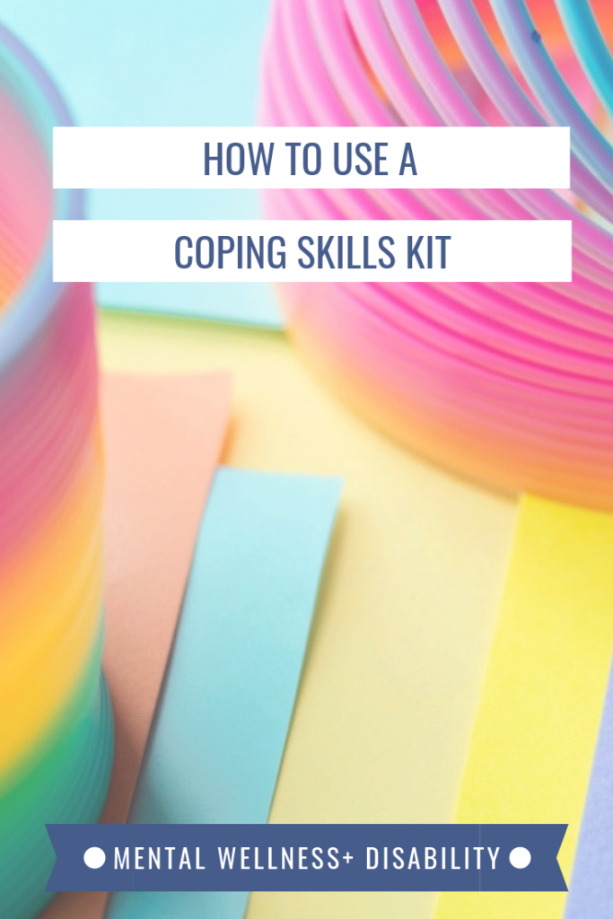 Picture of pieces of paper and a slinky captioned with "How to use a coping skills kit"