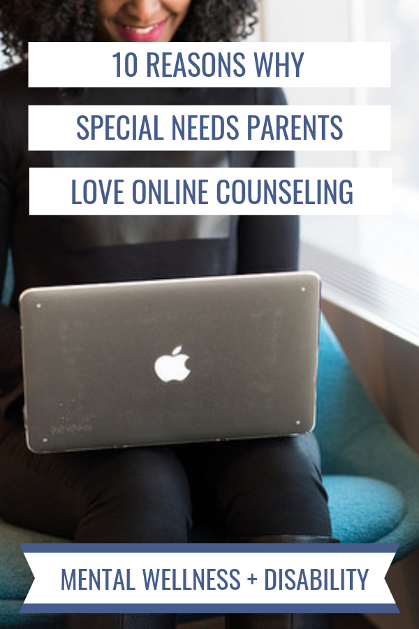Image of a woman smiling at a laptop screen captioned with "10 reasons why special needs parents love online counseling"