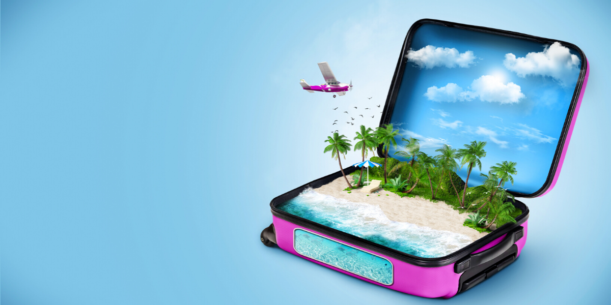 Image of an open suitcase with a tropical beach inside and a plane flying overhead