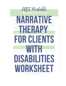 Image of a counseling exercise worksheet captioned with "free printable narrative therapy for clients with disabilities worksheet"