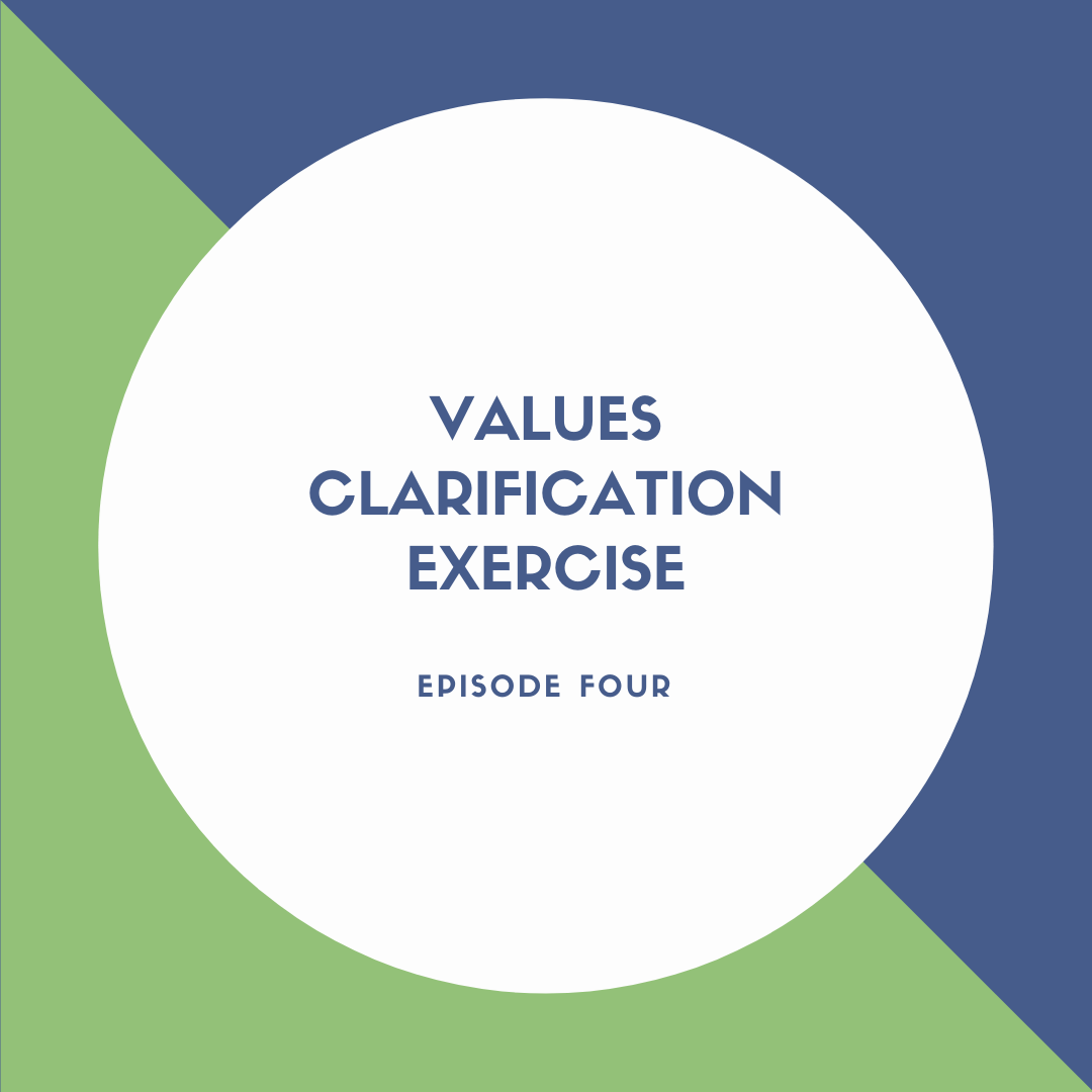 Graphic of a white circle on a green and blue background that reads "Values Clarification Exercise: episode four"